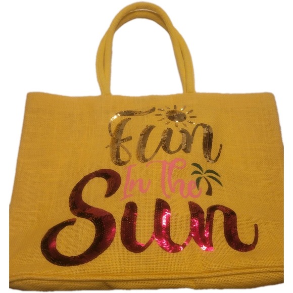Kendall+James Handbags - Kendall+James Bright Yellow Natural Jute Tote Bag W/Fun In The Sun In Sequins
